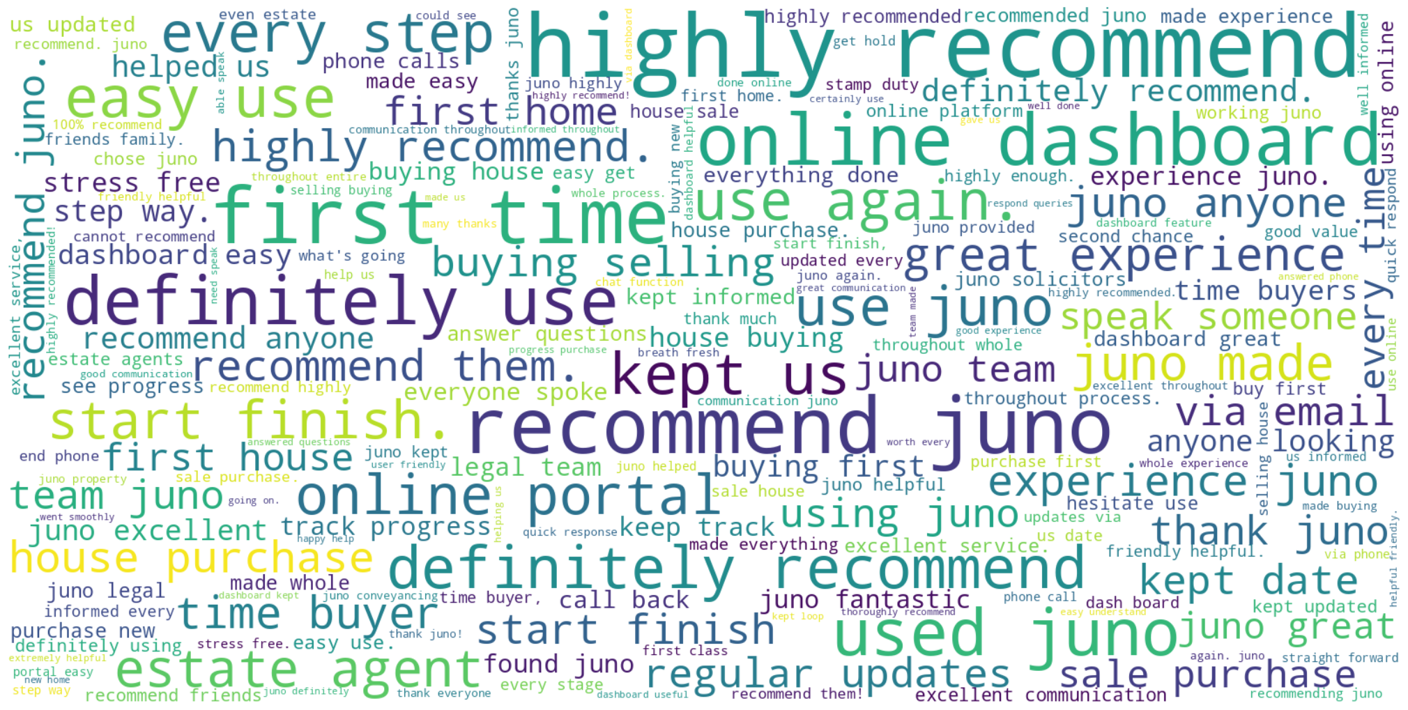 Word cloud generated from the most common words and phrases from Juno's 1300 Trustpilot reviews