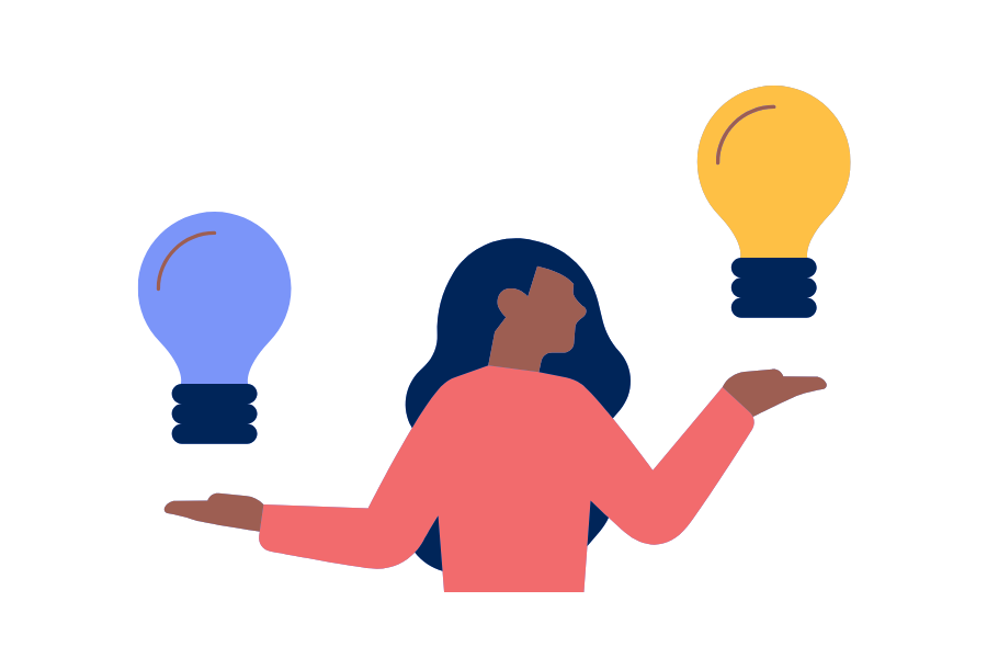 Illustration of a person with open, upturned palms beneath two lightbulbs - suggesting openness to different ideas and creative thinking.