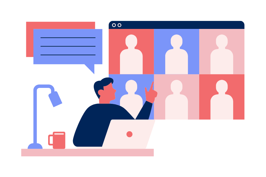 Illustration of remote work: a person participates in a video conference from their home desk, complete with desk lamp and coffee mug, engaging with a grid of six team members while a chat message floats above.