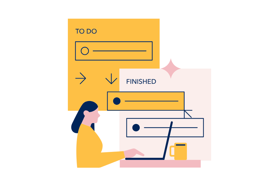 Illustration of a person working at a laptop with a simple to-do interface showing just a few items, suggesting a light, manageable workload.
