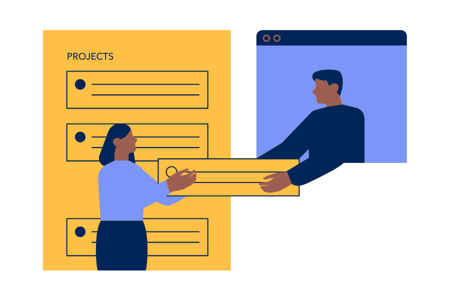 Illustration of collaborative working, two people pass a task card between them, with one person emerging from a video call window and the other standing by a projects list.