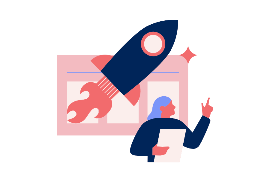 Illustration of technological innovation: a person gestures upward toward a stylized rocket ship, suggesting the launch of new technology or digital solutions.